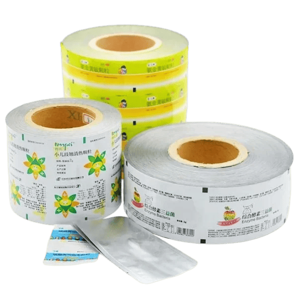 Custom printed aluminum foil food packaging film with colorful designs.