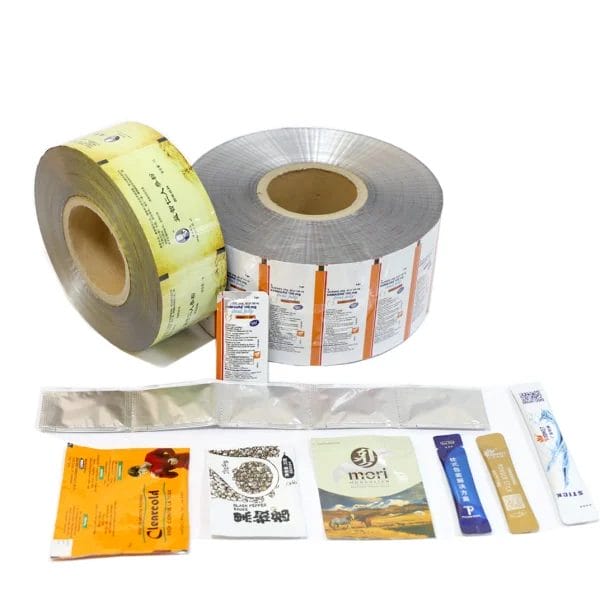 Custom printed aluminum foil food packaging film with colorful designs.
