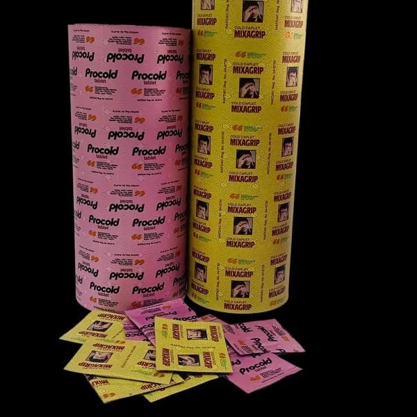 Aluminum foil packaging film with custom logo printing for branding.